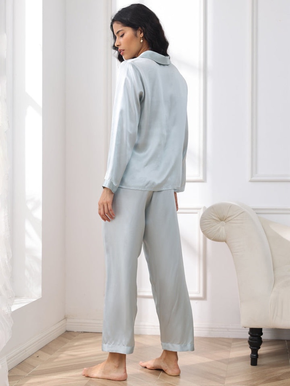 Pure Silk 100% Mulberry Silk Women's Long Sleeve Pajamas Set- Light Blue - Picture 2 of 9